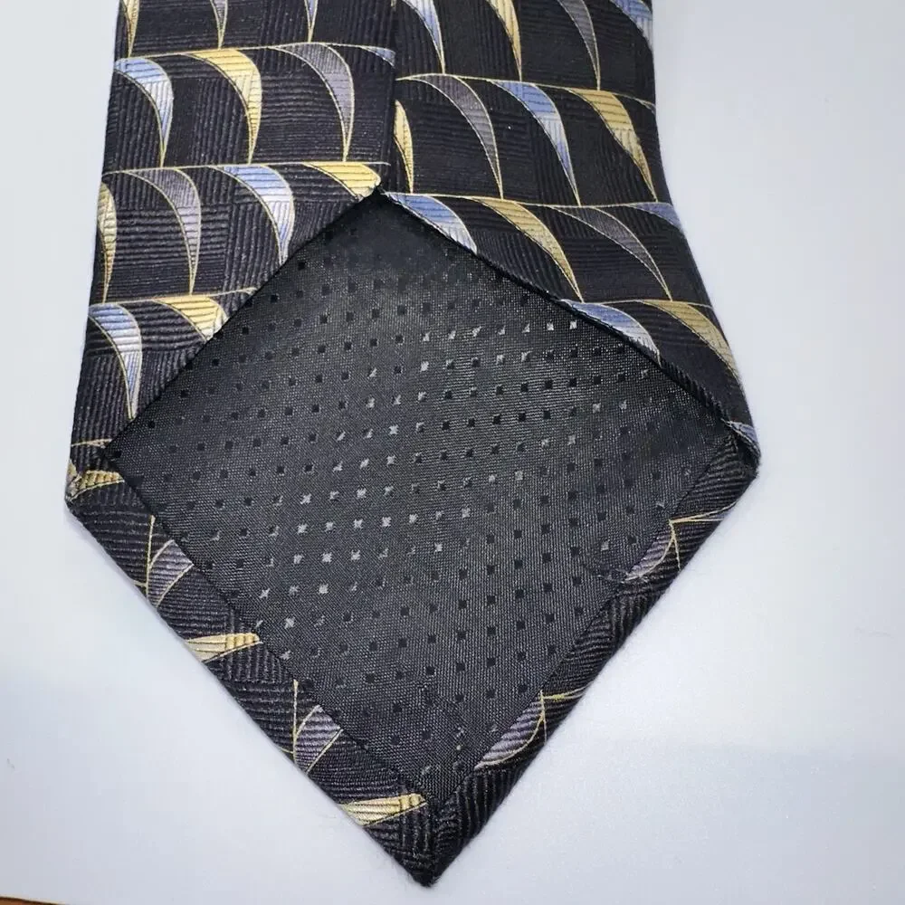 Fabio Fazio‎ Silk Tie 59” 4” Wide Black Gold Blue Geometric Handmade